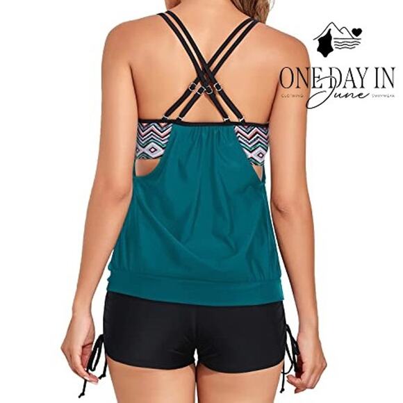 Hanna Nikole Plus Size Ruched Boyshort Double Up Tankini Swimsuit Size 24W - Picture 2 of 6